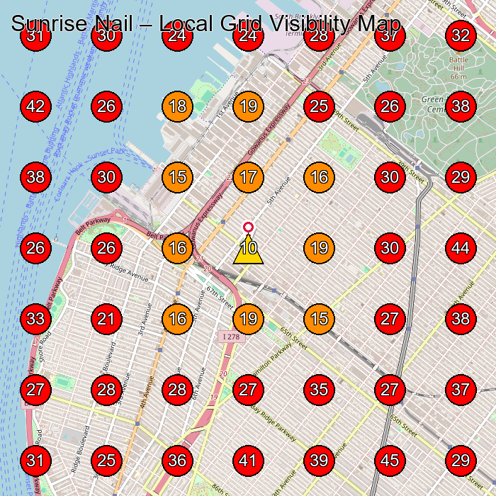 Sunrise Nail GeoGrid visibility map for Beauty Supply Store in Brooklyn